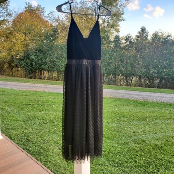 Express Velvet Bodice Polka Dot Tulle Midi Dress Black Party Formal Classic S - Picture 2 of 11